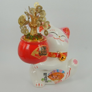 Wealth & Lucky Cat With Money Tree Pot M